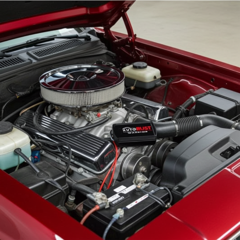 AUTO RUST WARRIOR electronic rust protection module installed in a car engine compartment