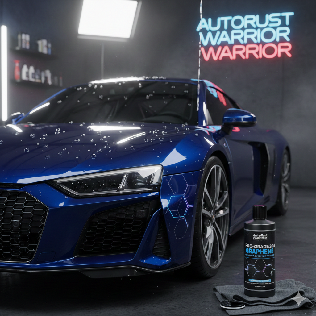 A luxury blue sports car featuring extreme water beading after an application of Pro-Grade 20H Graphene Ceramic Coating by AutoRust Warrior