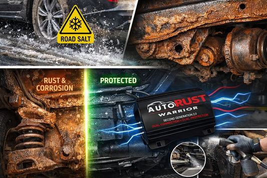 Car rusting from road salt with advanced anti-rust technology protection illustration
