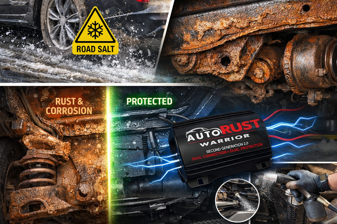 Car rusting from road salt with advanced anti-rust technology protection illustration