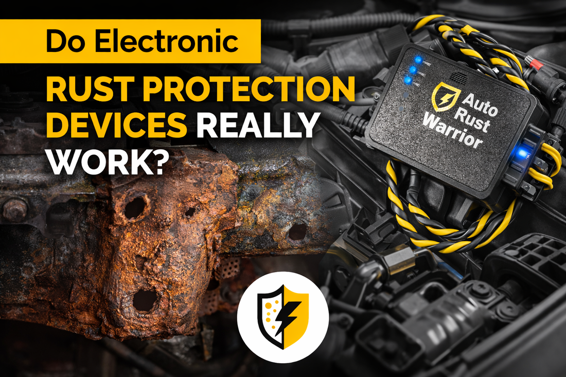 Electronic rust protection device installed in vehicle engine bay demonstrating advanced anti-rust technology for rust prevention in cars