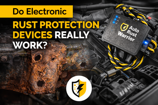 Car undergoing advanced electronic rust protection treatment to prevent corrosion