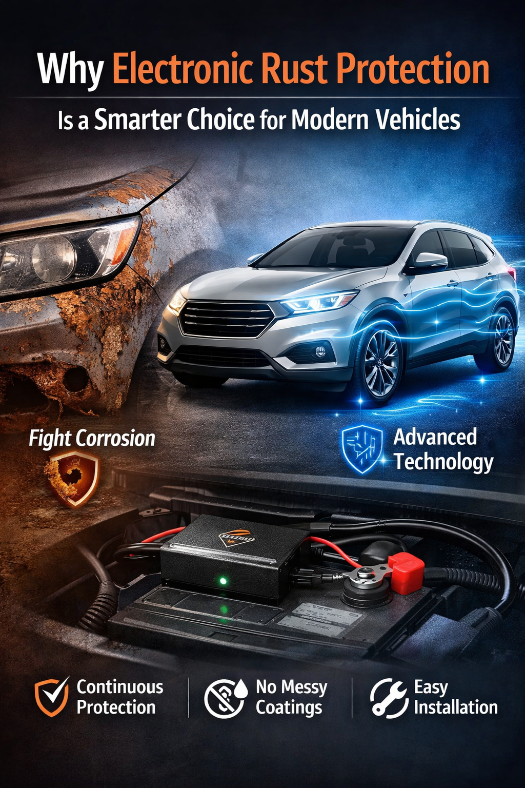 Modern vehicle with electronic rust protection system highlighting smarter rust prevention benefits