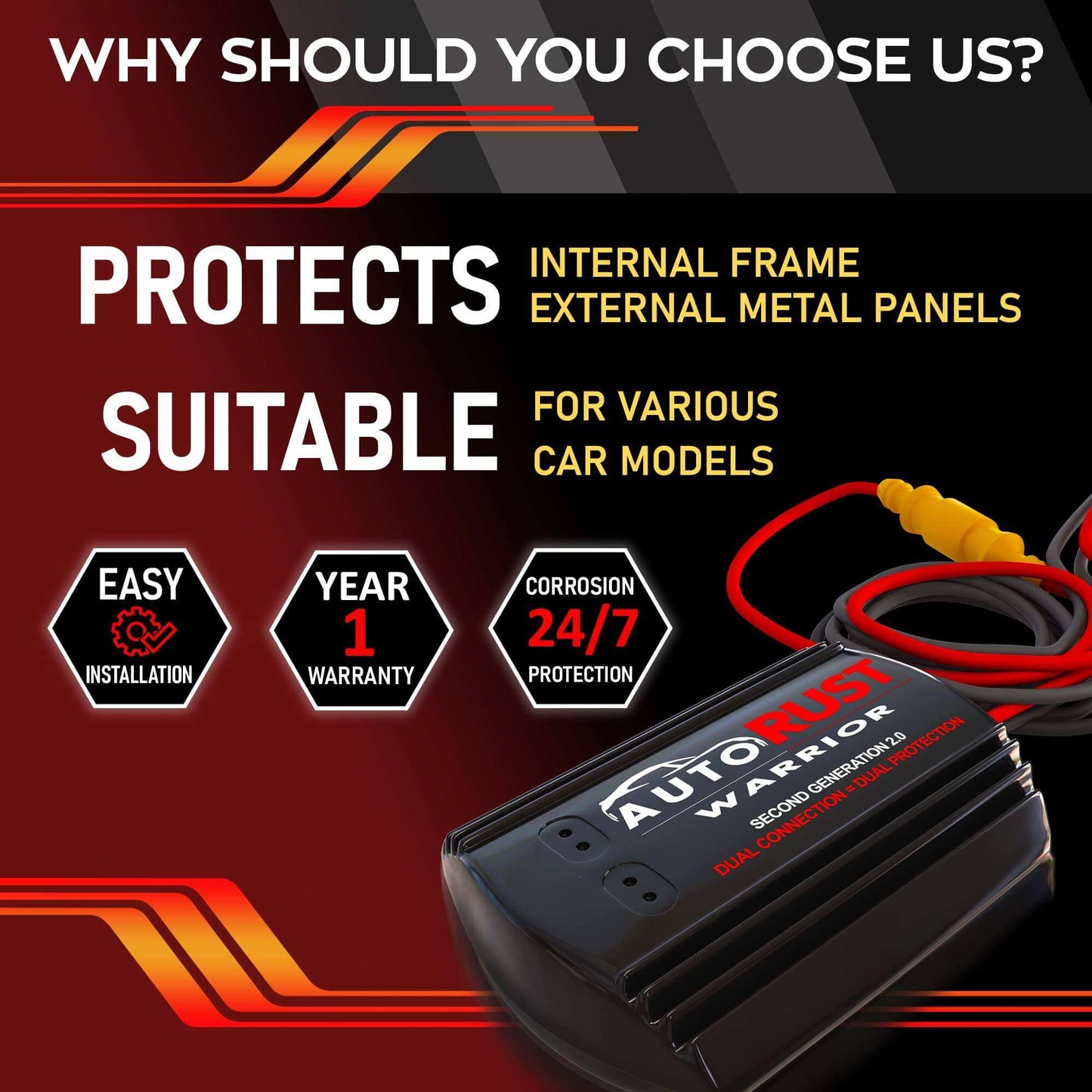 Auto Rust Warrior 2nd Gen electronic rust protection module with capacitive coupling technology and heat-resistant ABS housing