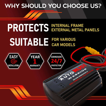Auto Rust Warrior 2nd Gen electronic rust protection module with capacitive coupling technology and heat-resistant ABS housing