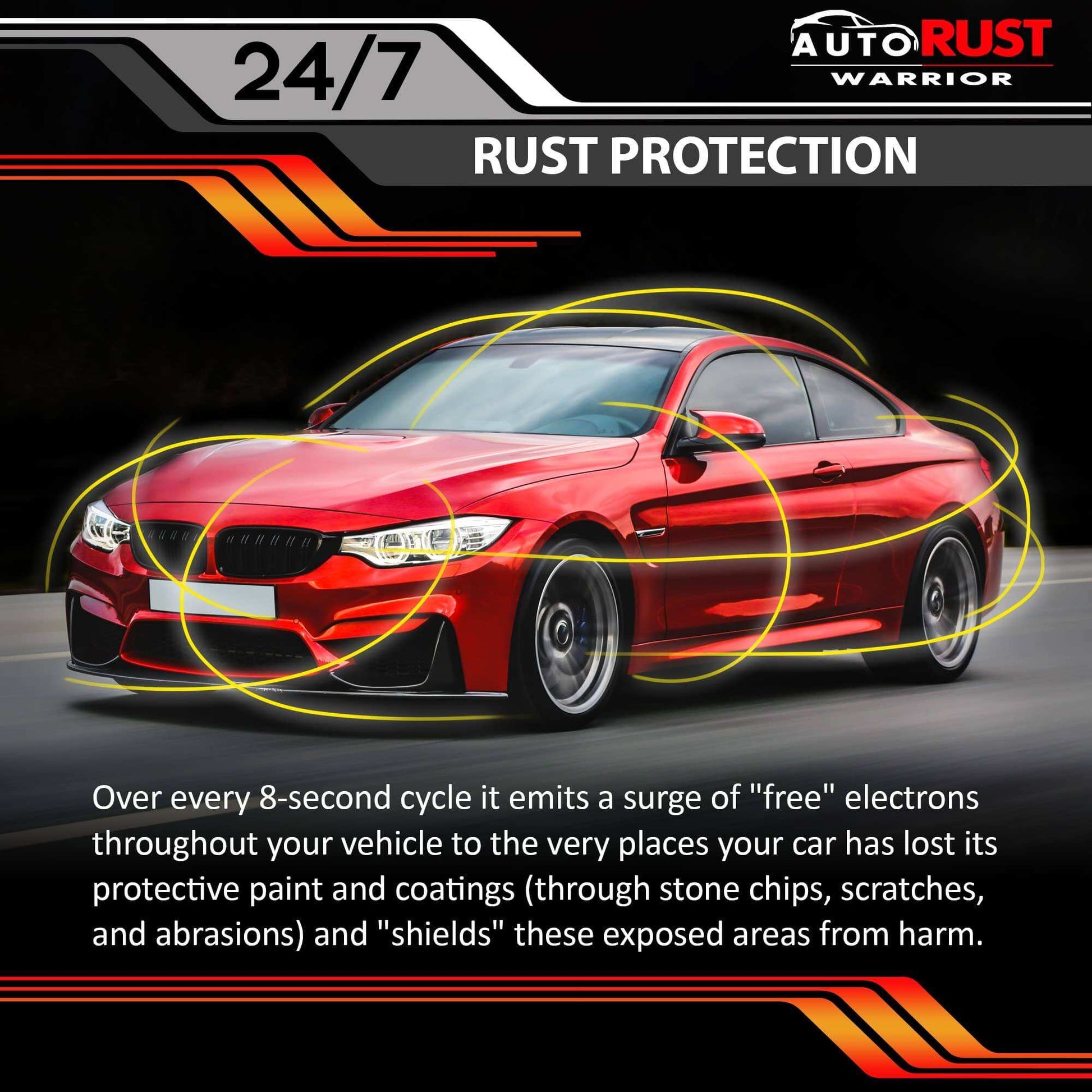 AUTO RUST WARRIOR electronic rust protection module in use, demonstrating rust protection around a car