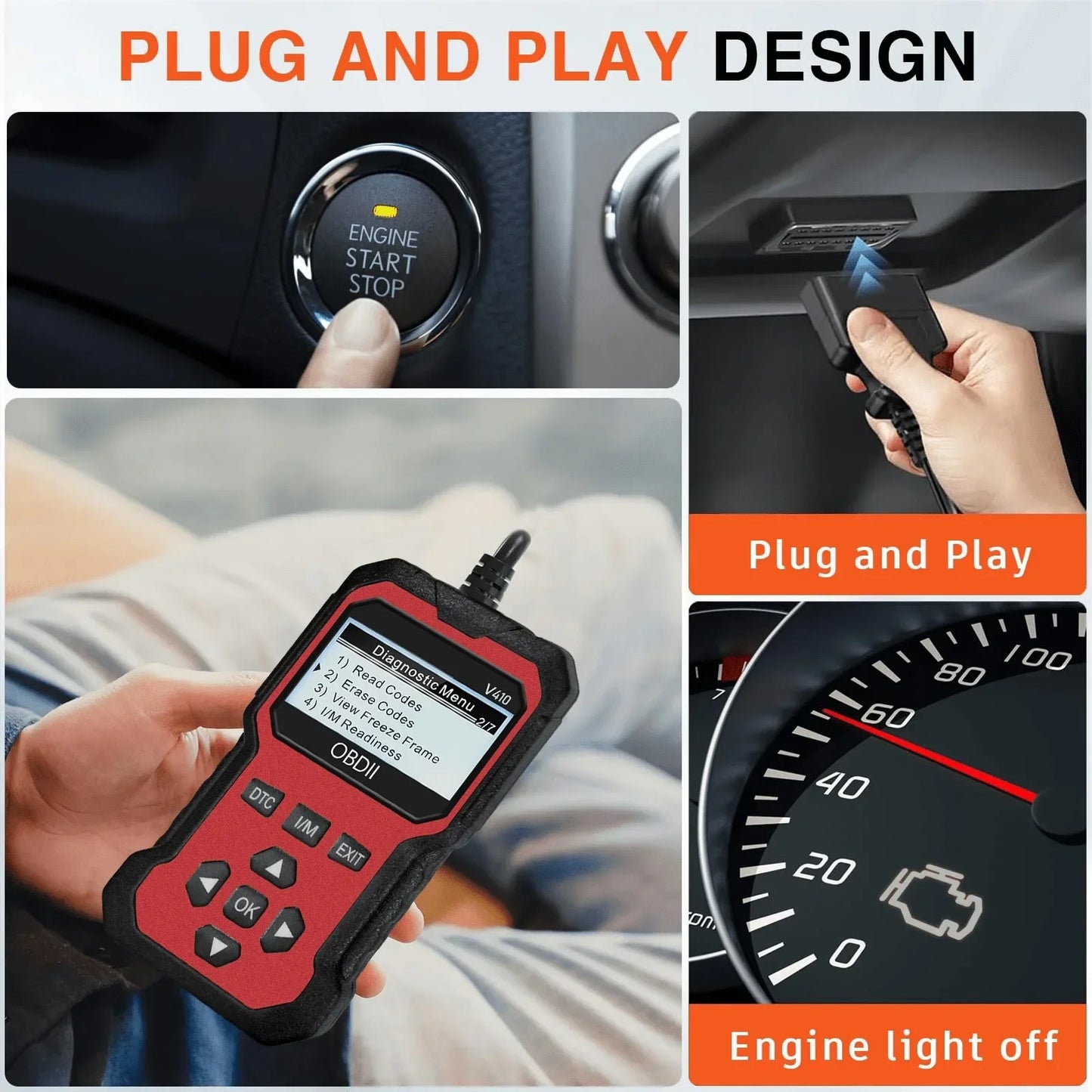 Collage of a car diagnostic tool being used with text 'Plug and Play Design' and 'Engine light off'.