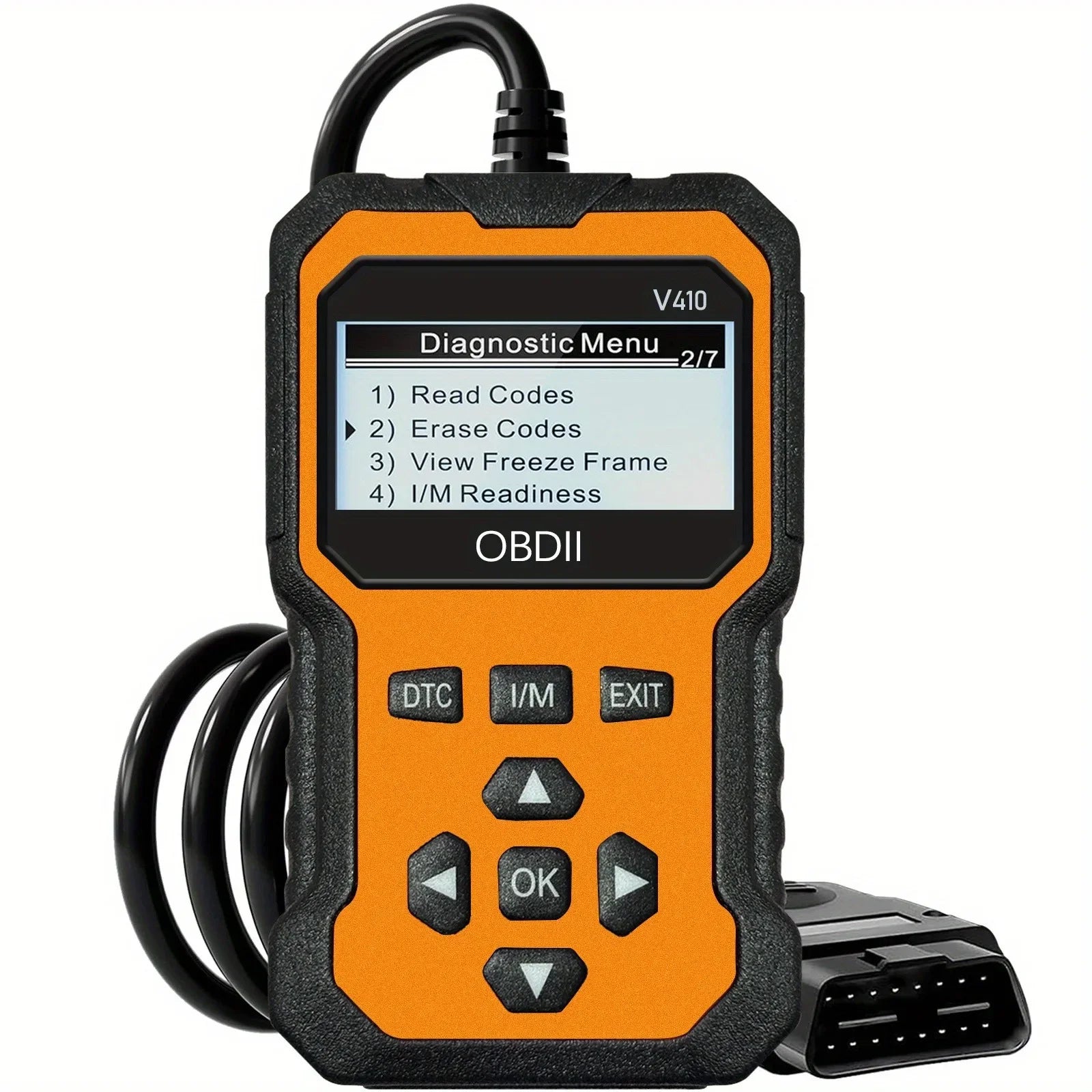 Orange and black diagnostic scanner tool with display on a white background