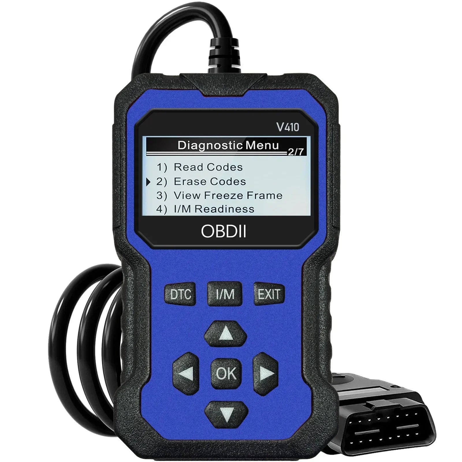 Blue and black diagnostic scanner tool with OBDII interface on a white background