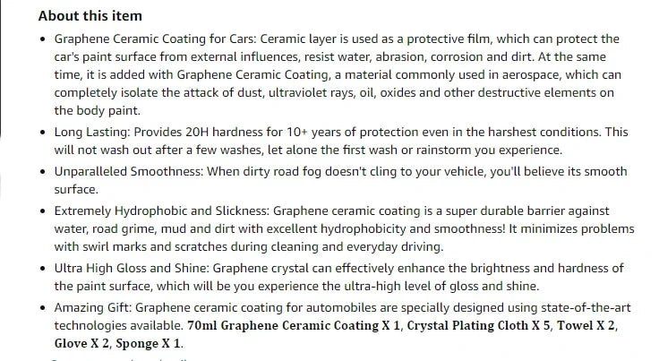 Graphene Ceramic Coating 20H with Self Healing and UV Track Technology Car Detailing Professionals 10+ Years of Protection